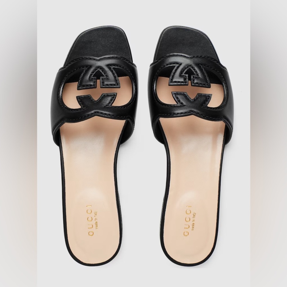 Gucci Slide Sandal with Interlocking G Black Leather GG Logo